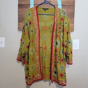 Indigo Moon Embroidered Sequence Green Sheer Chiffon Open Cardigan Medium